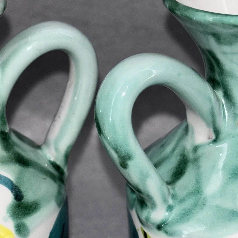 Vintage P. Sorrentino Ravello Oil & Vinegar Cruets W/Caddy Hand painted In Italy